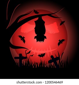 Vampire hanging upside down under the moonlight. Halloween vector illustration