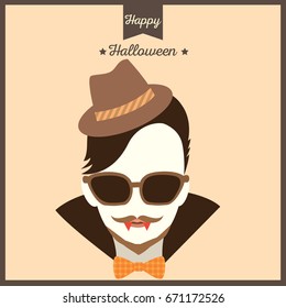 Vampire having mustache put on sunglasses and hat on hipster style for Halloween party.