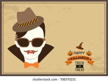 Vampire having mustache put on sunglasses and hat on hipster style for Halloween party.