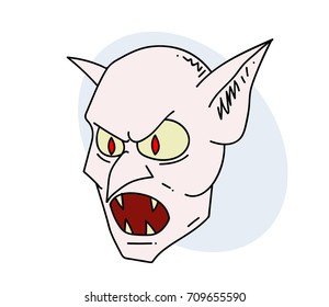 Vampire head cartoon hand drawn image. Original colorful artwork, comic childish style drawing.
