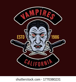 Vampire head colorful vector round emblem, badge, sticker, patch, logo or t-shirt print. Illustration isolated on dark background