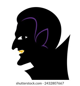 Vampire. Head of the Dracula - black silhouette, long nose, purple skin, side view, smile. Halloween character, magic person. Stylized portrait. Minimalist  vector illustration, isolated