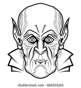 Vampire head isolated on white background. Halloween theme. Design element for poster, greeting card. Vector illustration