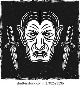 Cabeza de vampiro y dos cuchillos rituales sobre fondo oscuro con texturas gruesas y bordes arañados ilustración vectorial