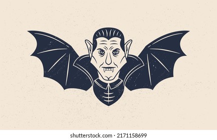 Vampiro. Cabeza de vampiro con alas. Icono de la cosecha de vampiros. Elemento de diseño para logotipo, emblema, etiqueta, afiche. Ilustración del vector