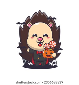 Vampire hedgehog holding halloween pumpkin. Cute halloween cartoon illustration. 