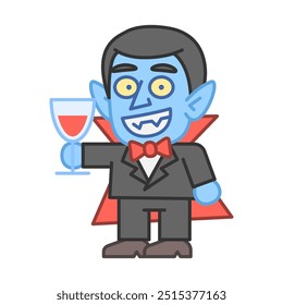 Vampiro sostiene el vaso con bebida y sonrisas. Ilustración vectorial