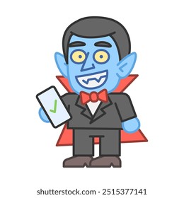 Vampire segura smartphone e sorrisos. Ilustração de vetor