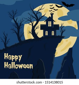 vampire house at cliff edge vector illustration with moon and bat for halloween banner also can use for media social feed or story