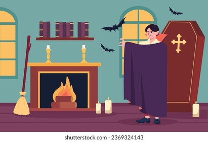 Vampire House Konzept. Mann in violettem Mantel drinnen mit schwarzen Fledermäusen nahe Sarg. Fantasie und Fantasie. Märchen und Fiktion. Dracula will Blut. Cartoon-Flavektor-Vektorgrafik