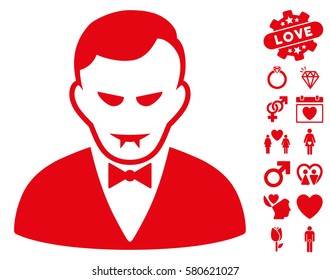 Vampire icon with bonus decorative pictograms. Vector illustration style is flat iconic red symbols on white background.