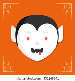 Vampire icon. Cute cartoon spooky vampire character head. Count Dracula head with blood on teeth. Halloween illustration isolated on stylized orange background. Vector illustration