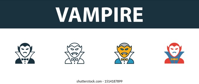 Vampire icon set. Premium simple element in different styles from halloween icons collection. Set of vampire icon in filled, outline, colored and flat symbols concept.