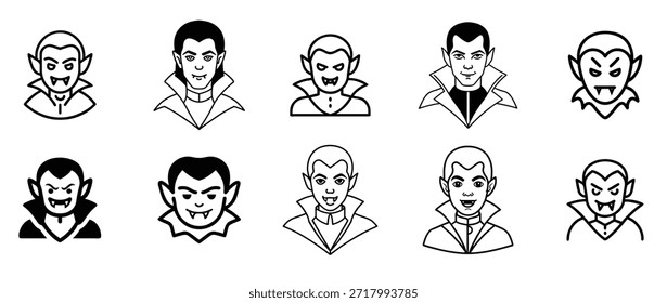 Conjunto de iconos de vampiro: Caras de vampiro espeluznantes para Diseños de Halloween