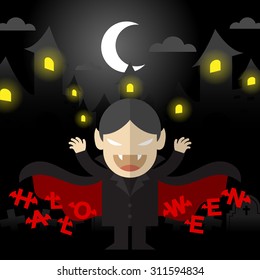 Vampire illustration character design with castle, night sky, moon, cloud, cross, gravestone and halloween text have wing
