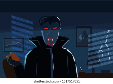 Ein Vampir in einem dunklen Raum trinkt Blut aus einem Herzen, das er hält. Bearbeitbare Clipart Art. 