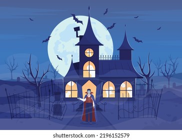 Vampire inviting to his house flat color vector illustration. Haunted mansion. Halloween night. Full moon. Fully editable 2D simple cartoon character with spooky building on background