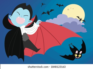 A Vampire kid in the moonlight with bats. Halloween card vector.