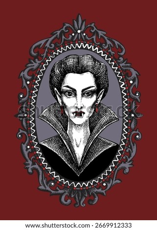 Vampire lady hand drawn vector illustration. Gothic woman portrait in victorian frame. Halloween poster design. NOT AI generated