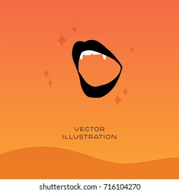 Vampire lips with fangs vector silhouette icon on gradient background. Halloween autumn flat illustration