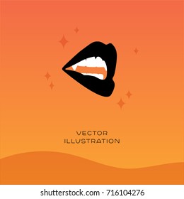 Vampire lips with fangs vector silhouette icon on gradient background. Halloween autumn flat illustration