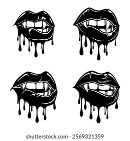 Vampire Lips Set Vector Illustration. Black and White