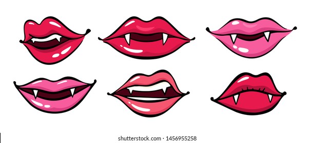 Vampire lips vector illustration. Female Vampire lips in cartoon style, smile and sensual lips, kiss  vector illustration isolated on white