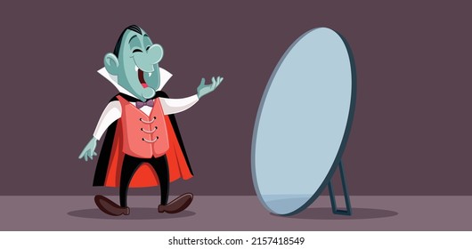 Vampire Looking in the Mirror Seeing No Reflection Vector Cartoon  Evil demon and ghostly being invisible
