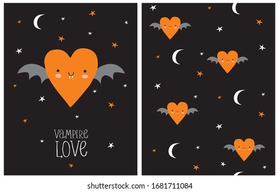 Vampire Love. Halloween Party Vector Illustration and Seamless Pattern. Cute Orange Vampire Heart with Long White Fangs and Bat Wings Isolated on a Black Background. Happy Halloween Card. 