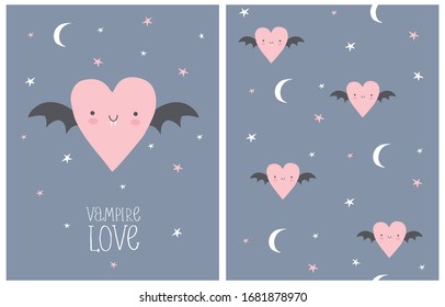 Vampire Love. Halloween Party Vector Illustration and Seamless Pattern. Cute OPink Vampire Heart with Long White Fangs and Bat Wings Isolated on a Blue Background. Happy Halloween Card. 