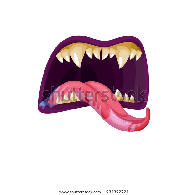 Vampire or\
monster mouth with fangs vector icon. Open scary jaws with long\
pointed teeth and gooey saliva dripping from tongue. Cartoon maw\
roar or yell isolated on white\
background