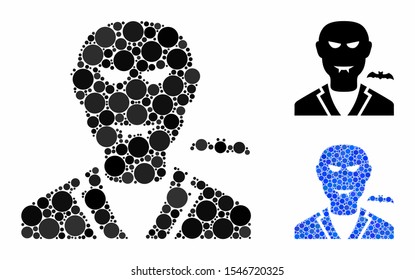 Vampire mosaic of filled circles in various sizes and color tints, based on vampire icon. Vector filled circles are combined into blue collage. Dotted vampire icon in usual and blue versions.