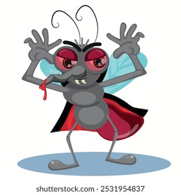 Ilustração de vetor de mosquito vampírico. Desenho de um personagem de inseto sugador de sangue engraçado.