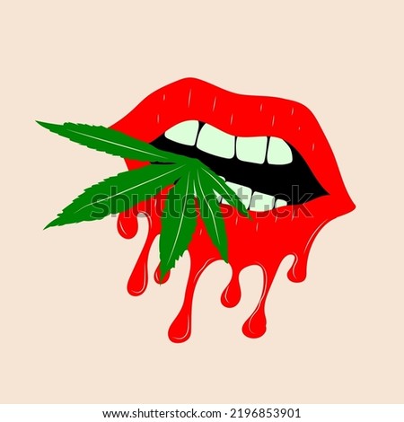 Vampire mouth with a cannabis leaf. isolated on background Cartoon vector illustration, clip art