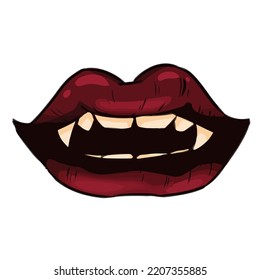 Doodle de la boca de vampiros. Imagen de estilo cómico de los labios sexys abiertos. Halloween espeluznante elemento dibujado a mano aislado en fondo blanco. Ilustración gráfica vectorial para pegatinas, impresiones, archivos de corte láser