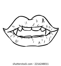 Vampire mouth doodle. Open red sexy lips comic style image. Halloween spooky hand drawn element isolated on white background. Vector graphic illustration for stickers, prints, laser cut files