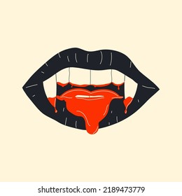 La boca de vampiros con colmillos. Los labios rojos hembra cerrados, abiertos, con dientes caninos largos y puntiagudos y saliva sangrienta expresan diferentes emociones aisladas en el fondo Ilustración vectorial de dibujos animados, imágenes prediseñadas