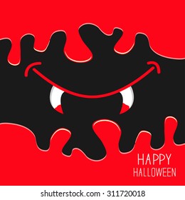 Vampire mouth with fangs. Flowing down blood. Halloween card. Spooky background Flat design. Vector illustration