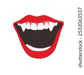 Vampire mouth with fangs. Open female red lips with vampire teeth isolated on white background. Halloween. Vector illustration