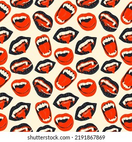 Vampirmund mit Reißzähnen Nahtlose Muster mit Doodles. Vector.Moderner, flacher Cartoon-Stil.	 