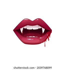 Vampire mouth with fangs vector icon. Cartoon open female red lips with long pointed teeth and bloody dripping saliva express emotion isolated on white background