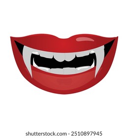 Boca de vampiro con el icono de Vector de colmillos. Labios rojos femeninos abiertos de la historieta con la emoción puntiaguda larga de la expresión de los dientes aislada en el fondo blanco