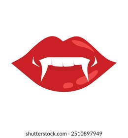 Vampirmund mit Reißzähnen, Vektorsymbol. Cartoon offene weibliche rote Lippen mit langen spitzen Zähnen Ausdruck Emotion einzeln auf weißem Hintergrund