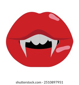 Boca de vampiro con el icono de Vector de colmillos. Labios rojos femeninos abiertos de la historieta con la emoción puntiaguda larga de la expresión de los dientes aislada en el fondo blanco