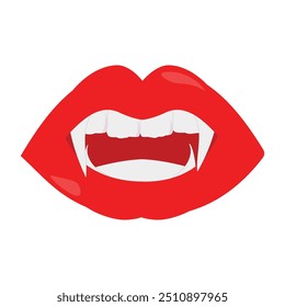 Vampirmund mit Reißzähnen, Vektorsymbol. Cartoon offene weibliche rote Lippen mit langen spitzen Zähnen Ausdruck Emotion einzeln auf weißem Hintergrund