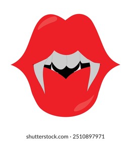 Boca de vampiro con el icono de Vector de colmillos. Labios rojos femeninos abiertos de la historieta con la emoción puntiaguda larga de la expresión de los dientes aislada en el fondo blanco