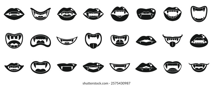  Vampire mouth icons set. Vampire lips and mouths showing fangs baring teeth icons set simple style