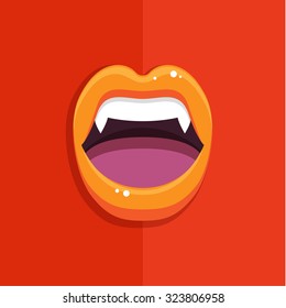 Vampire mouth with open red lips and long teeth on red background. Halloween Background. Vector Illustration.