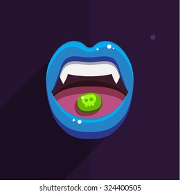 Vampire mouth with open red lips and long teeth on black background. Halloween Background. Vector Illustration.