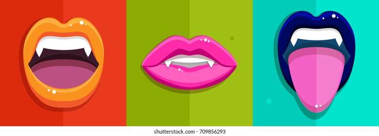 Vampire mouth set. Open lips with long teeth. Halloween Background. Vector Illustration.